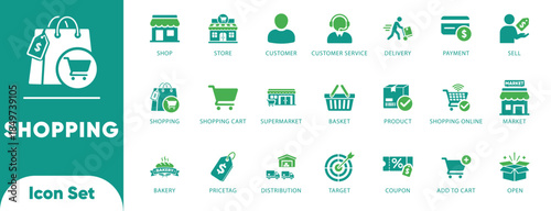 Shopping and retail vectors. Features cart, basket, store, and price tag symbols. Ideal for e-commerce apps, online shops, and marketing UI.