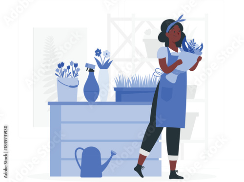 Woman holding potted plant standing next to gardening supplies blue apron desig