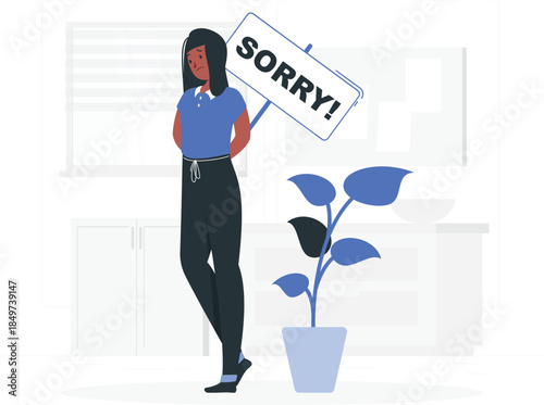 Woman holding sorry sign standing next to potted plant blue shirt black pants d