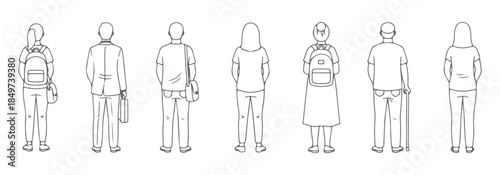 Minimal CAD back view of standing characters. Student, office worker, elderly, casual adult, backpack, handbag. Vector illustration
