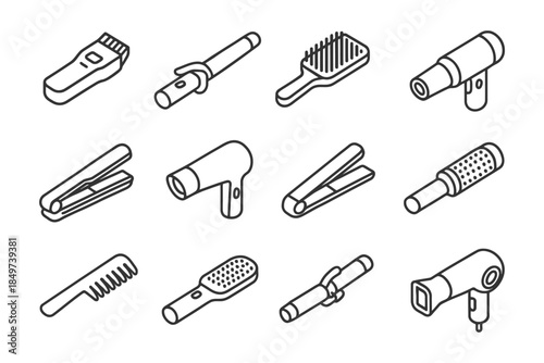 Icon set of hair styling tools: clippers, curlers, brushes, dryers, flat irons, combs.