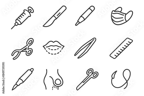 Essential icons for cosmetic procedures and plastic surgery tools.