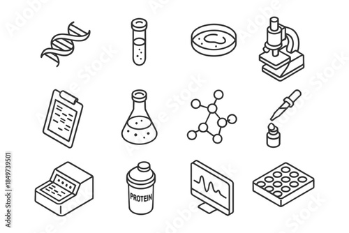 Line art science icons: dna, microscope, molecular models, lab equipment.