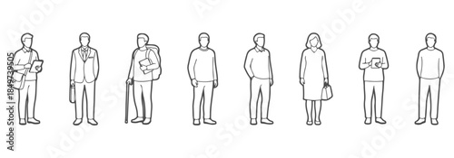 Minimal top view CAD drawing of diverse standing characters. Student, office worker, elderly person, casual adult, backpack, handbag, tech device, neutral stance. Vector illustration