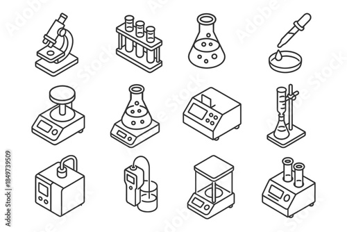 Isometric outline icons of laboratory equipment collection for scientific research.