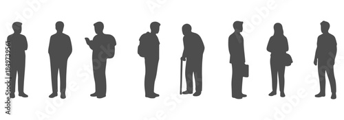 Side view CAD drawing of diverse standing people silhouette. Arms crossed, hands in pockets, holding phone, backpack, elderly with cane, office stance, student posture. Vector illustration