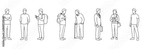 Side view CAD drawing of diverse standing people. Arms crossed, hands in pockets, holding phone, backpack, elderly with cane, office stance, student posture. Vector illustration