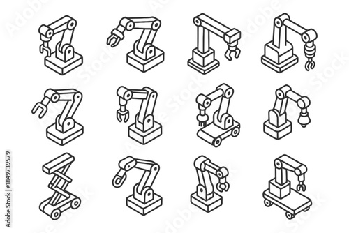 Variety of industrial robotic arm line drawings on white background.