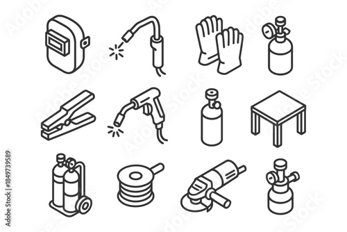 Line icons of welding equipment and tools for industrial use.