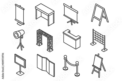 Isometric line art collection of trade show and exhibition display elements.