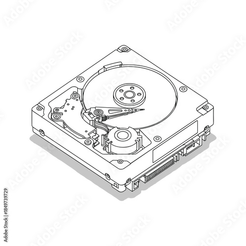 Detailed illustration of a hard disk drive with exposed internal components