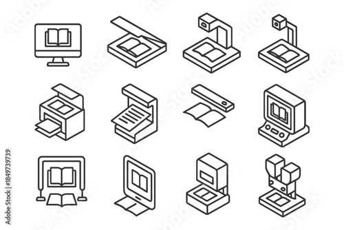 Set of line icons depicting diverse book scanning technologies.