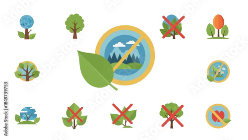 Set of Eco Sustainability Icons Trees, Nature, and Environmental Protection