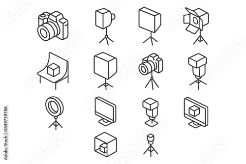 Isometric photography equipment icons with cameras, lighting, and accessories.