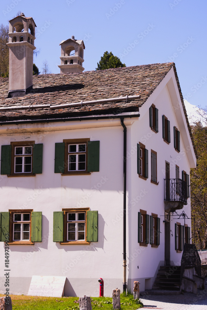 Fototapeta premium Old building in Sils, Engadine valley, Canton Graubünden, Switzerland
