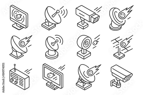 Set of isometric icons: satellites, cameras, and communication devices.