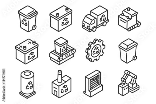 Isometric recycling icons collection featuring bins, batteries, trucks, and robotic arms.