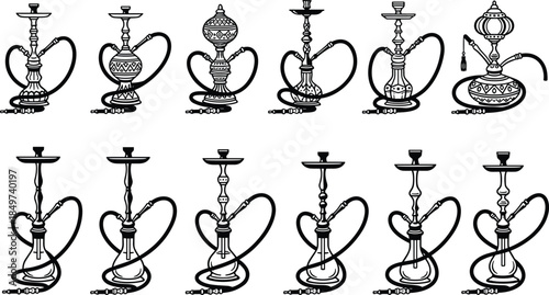 Traditional hookah shisha vector illustration set showcasing ornate water pipe designs isolated on white background for lounge cafe branding projects
