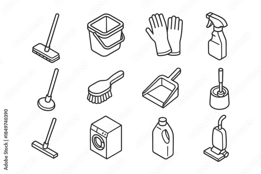 Obraz premium Line art of cleaning supplies: mop, bucket, gloves, spray bottle, brush, dustpan.