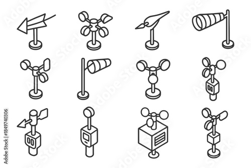 Isometric weather instruments set: anemometers, wind vanes, windsocks in line art style.