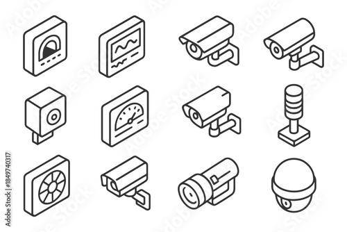 Isometric icons of security cameras, sensors, and meters in line art style.