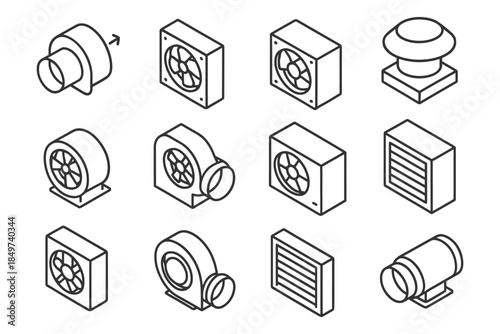 Set of isometric fan icons illustrating various ventilation types and styles.