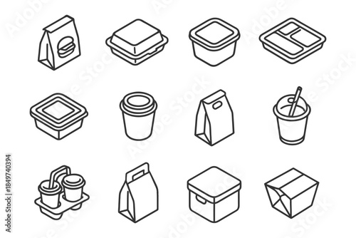 Assorted line art icons of food packaging containers and cups.
