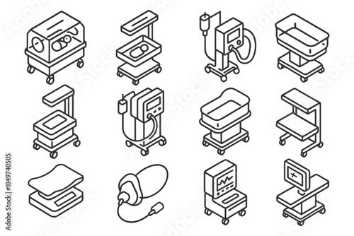 Isometric medical equipment icons set including incubator and heart monitor.