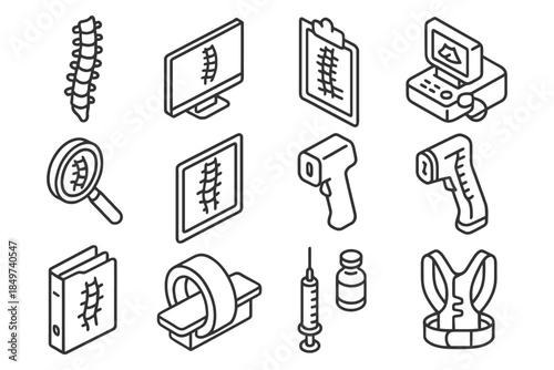 Isometric spine and medical equipment icons for healthcare and diagnosis.