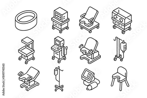 Isometric icons of medical equipment and hospital furniture on wheels.