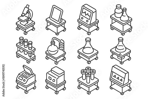 Set of isometric laboratory equipment icons: microscope, flasks, test tubes, digital devices.
