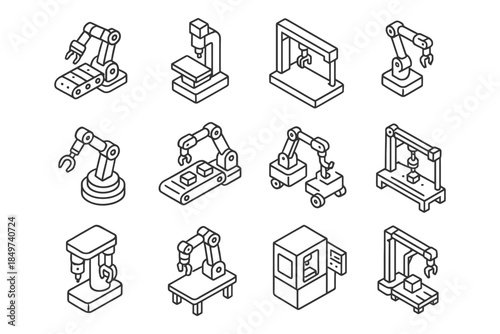 Isometric industrial robots and machinery icons in black and white line art.