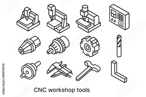 Cnc workshop tools diagram: drill bits, caliper, hammer, lathe components.
