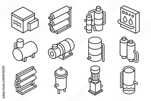 Isometric industrial equipment set - tanks, pipes, and control panels.