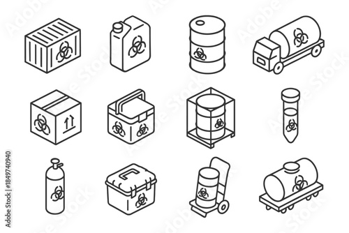 Isometric outline of hazardous materials containers and transport icons.