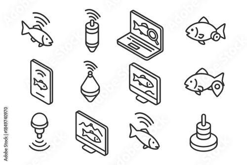 Fish tracking technology icons: sonar, gps, devices for monitoring aquatic life.