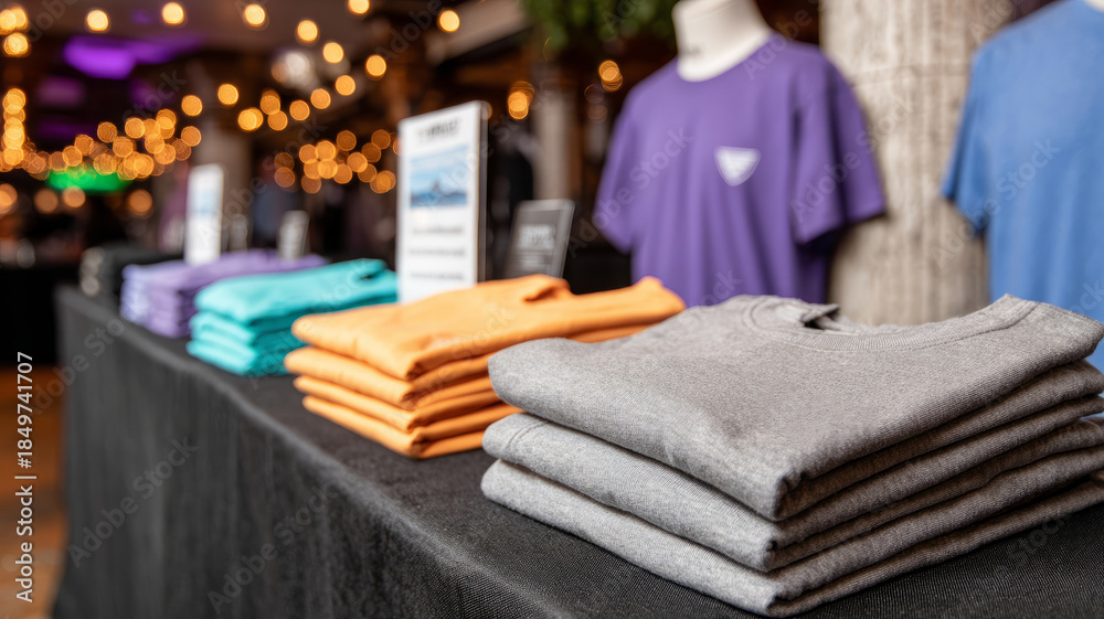 Naklejka premium Folded t-shirts on a display table at a retail store.