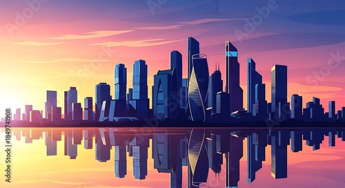Modern city skyline at sunset with water reflection cityscape buildings