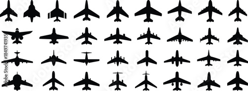Airplane silhouettes collection, aircraft top view icons, aviation transport symbols, passenger jet shapes, black isolated vector illustration, modern design set