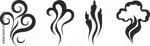 Abstract smoke silhouettes set, steam vapor swirl icons, air flow symbols, black minimal vector illustration, decorative design elements, for branding