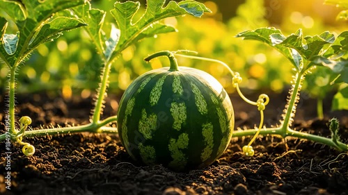 Young watermelon growing on vine in fertile soil during warm golden hour sunlight