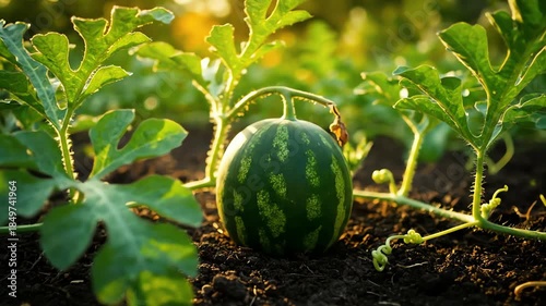 Tiny baby watermelon growing on a vine surrounded by lush green leaves in a sunlit garden