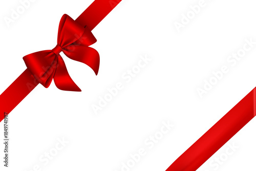 Png image of Vibrant red satin gift bow and ribbon diagonally positioned perfect for holiday celebration announcements or elegant design accents on transparent background