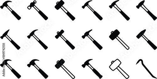 Hammer silhouettes set, construction hand tools icons, repair and carpentry equipment, black isolated vector illustration, industrial workshop collection, design elements