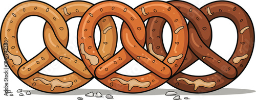 Stylized pretzels woven together in a continuous knot pattern, savory baked snacks with salt topping, perfect for food concepts