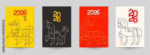 Modern template design with silhouette horse in fashion minimalist style. Chinese new year 2026. Set holiday background for cover, invitation, poster, banner, flyer, placard. Vector illustration.