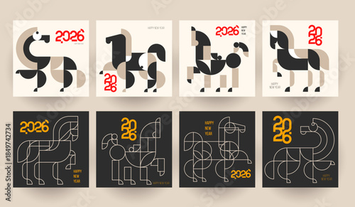 Modern template design with silhouette horse in fashion minimalist style. Chinese new year 2026. Set holiday background for cover, invitation, poster, banner, flyer, placard. Vector illustration.