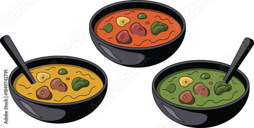 Three bowls of vibrant soup with dumplings and leafy greens isolated on transparent background