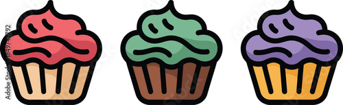 Three colorful cupcakes with swirling frosting in red, green, and purple, perfect for celebrations