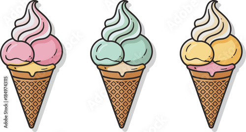 Three colorful ice cream cones with swirls of pink mint and vanilla flavors on waffle cones vector